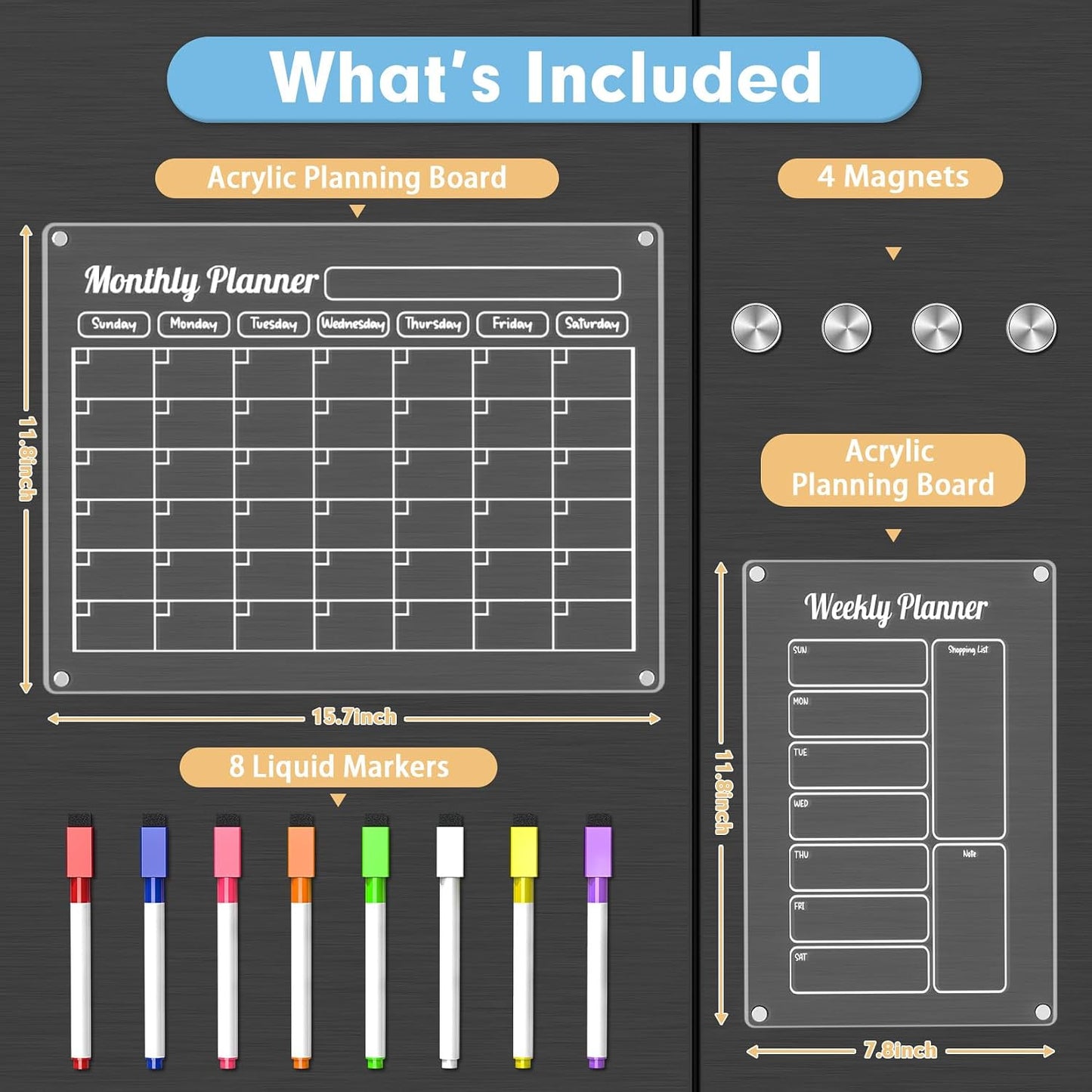 3 Pack Acrylic Calendar for Fridge, Magnetic Calendar for Refrigerator, 16"x12" Dry Erase Whiteboard Fridge Calendar,2026 Clear Monthly Weekly Daily Memo Planning Board with 8 Markers