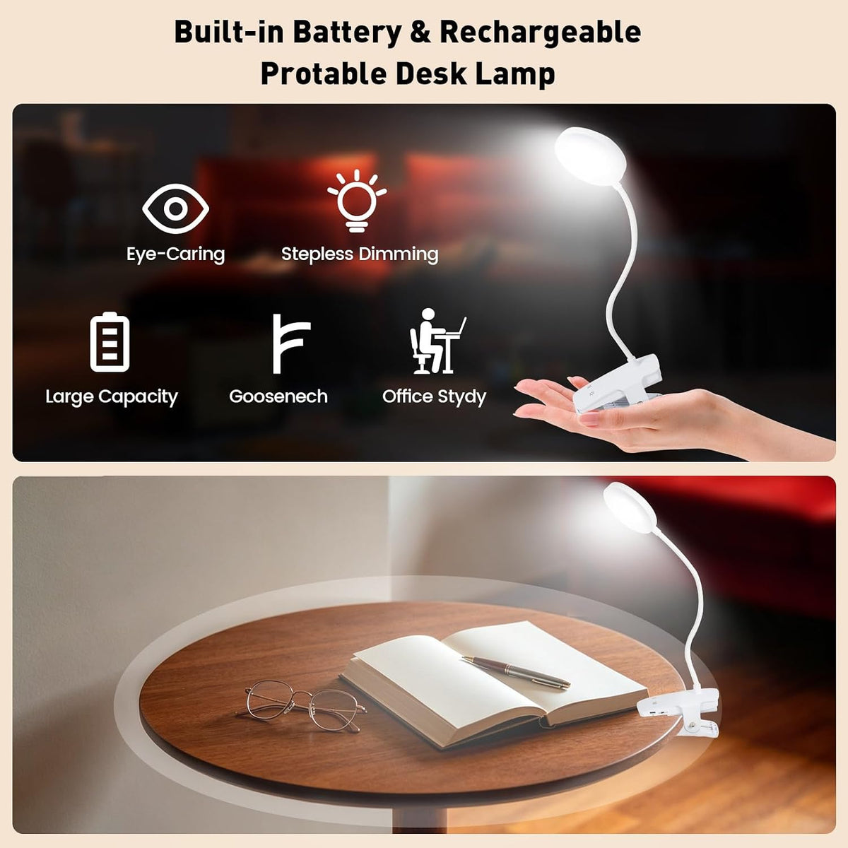 Cordless Rechargeable Clip On Desk Lamp Thick Flexible 360° Gooseneck
