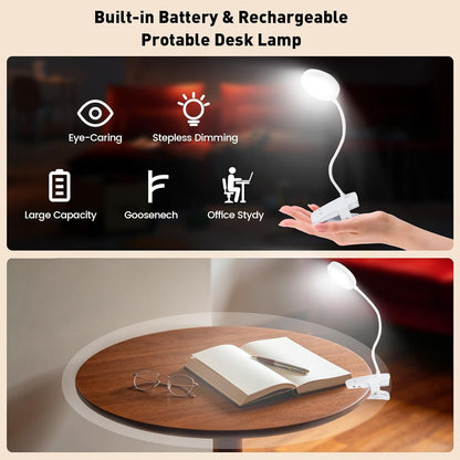 Cordless Rechargeable Clip On Desk Lamp Thick Flexible 360° Gooseneck