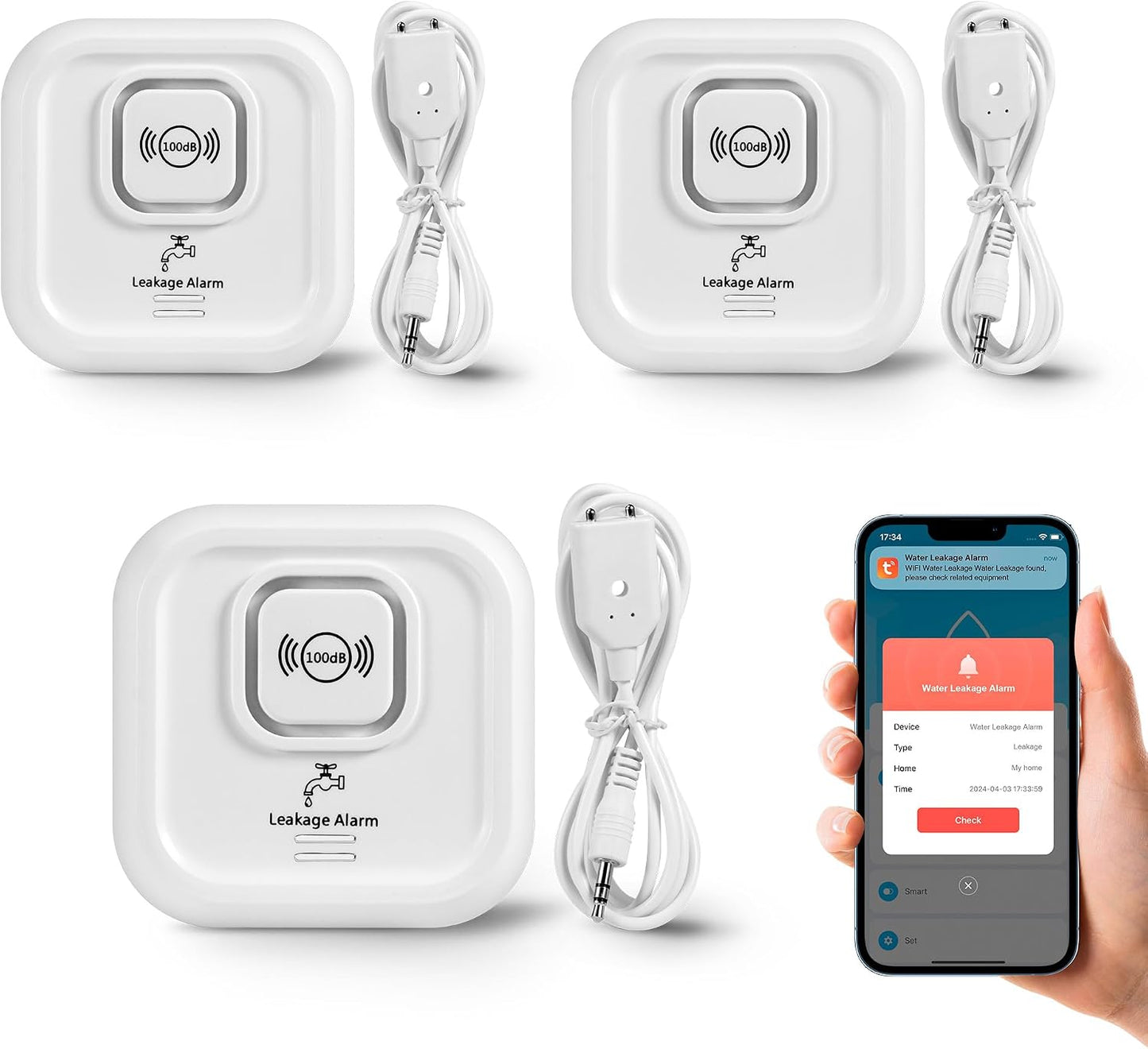 WiFi Water Leak Detectors 100dB Smart Water Sensor Alarm with 3.22 ft Sensor Cable Triple Detection Mode, with App Remote Monitor, Wireless Tank Level Monitor for Basement, Kitchen, Bathroom (3pack)