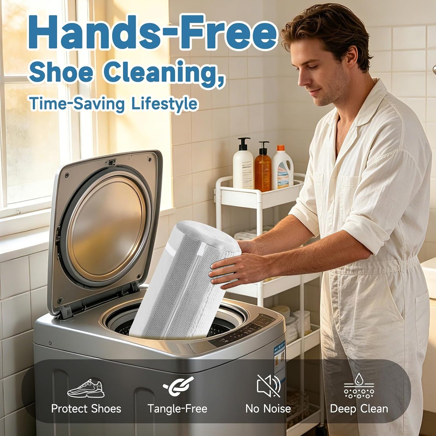 2PCS XXL Shoe Washing Machine Bag with Adjustable Shoes Trees - Heavy Duty Reusable Shoe Laundry Bag for Washer and Dryer - 360° Deep Clean & Protect Chenille Microfiber Sneakers Wash Bags - White