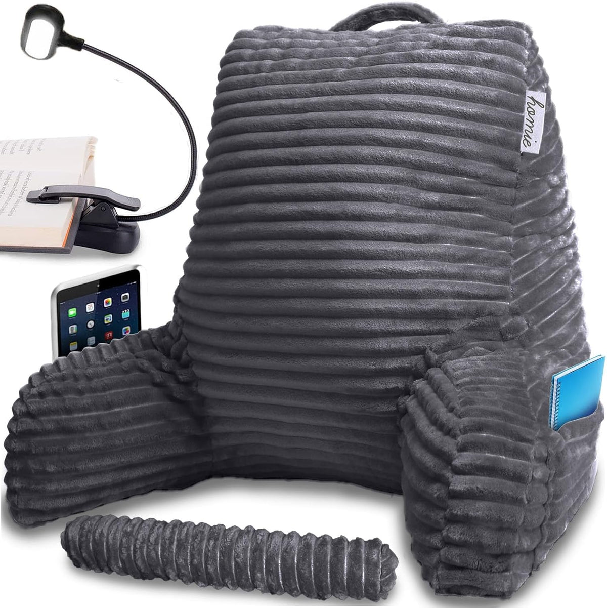 Homie Reading Pillow with Reading Light and Wrist Support, Has Arm Rests, and Back Support for Bed Rest, Lounging, Reading, Working on Laptop, Watching TV (Gray)