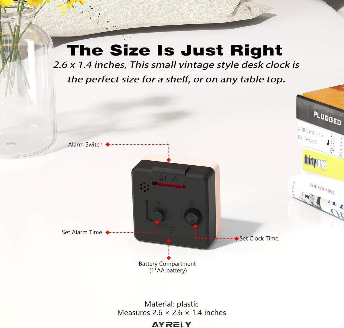 AYRELY® 2.6" × 1.4" Ultra Small Battery Operated Analog Travel Alarm Clock