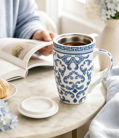 AmorArc Tea Cup With Infuser and Lid, 18oz Loose Leaf Tea Mug With Steeper | Porcelain Tea Mug With Infuser and Lid, Strainer Tea Cup for Tea Lovers, Home & Office, Housewarming Birthday Gift