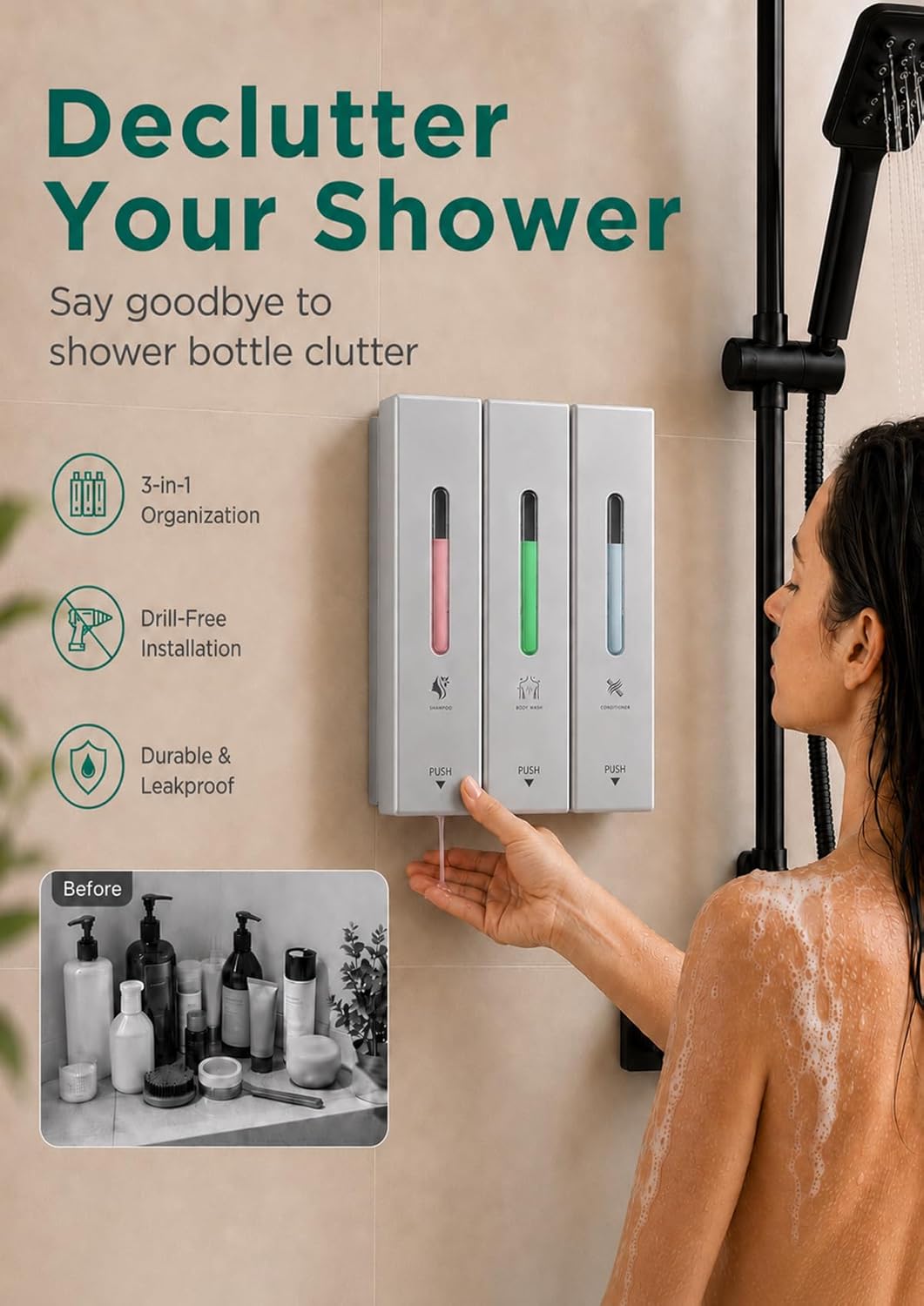 Shampoo and Conditioner Dispenser Wall Mounted, 3-Chamber Shower Soap Dispenser for Bathroom, 1200ML Large Capacity, No-Drill Installation, Clog-Free Pump for Thick Liquids (black-3-pack)