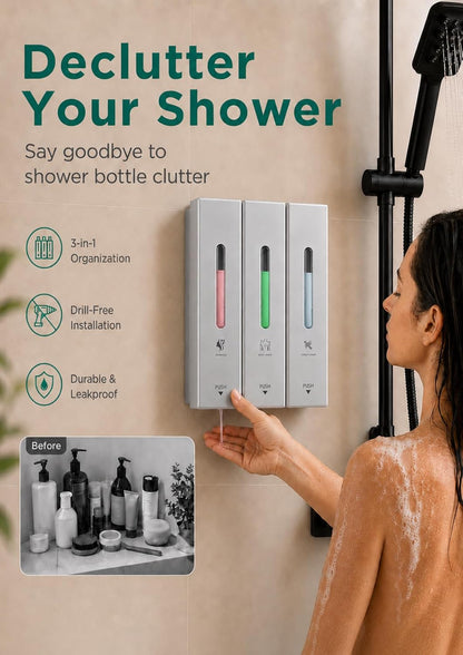 Shampoo and Conditioner Dispenser Wall Mounted, 3-Chamber Shower Soap Dispenser for Bathroom, 1200ML Large Capacity, No-Drill Installation, Clog-Free Pump for Thick Liquids (black-3-pack)