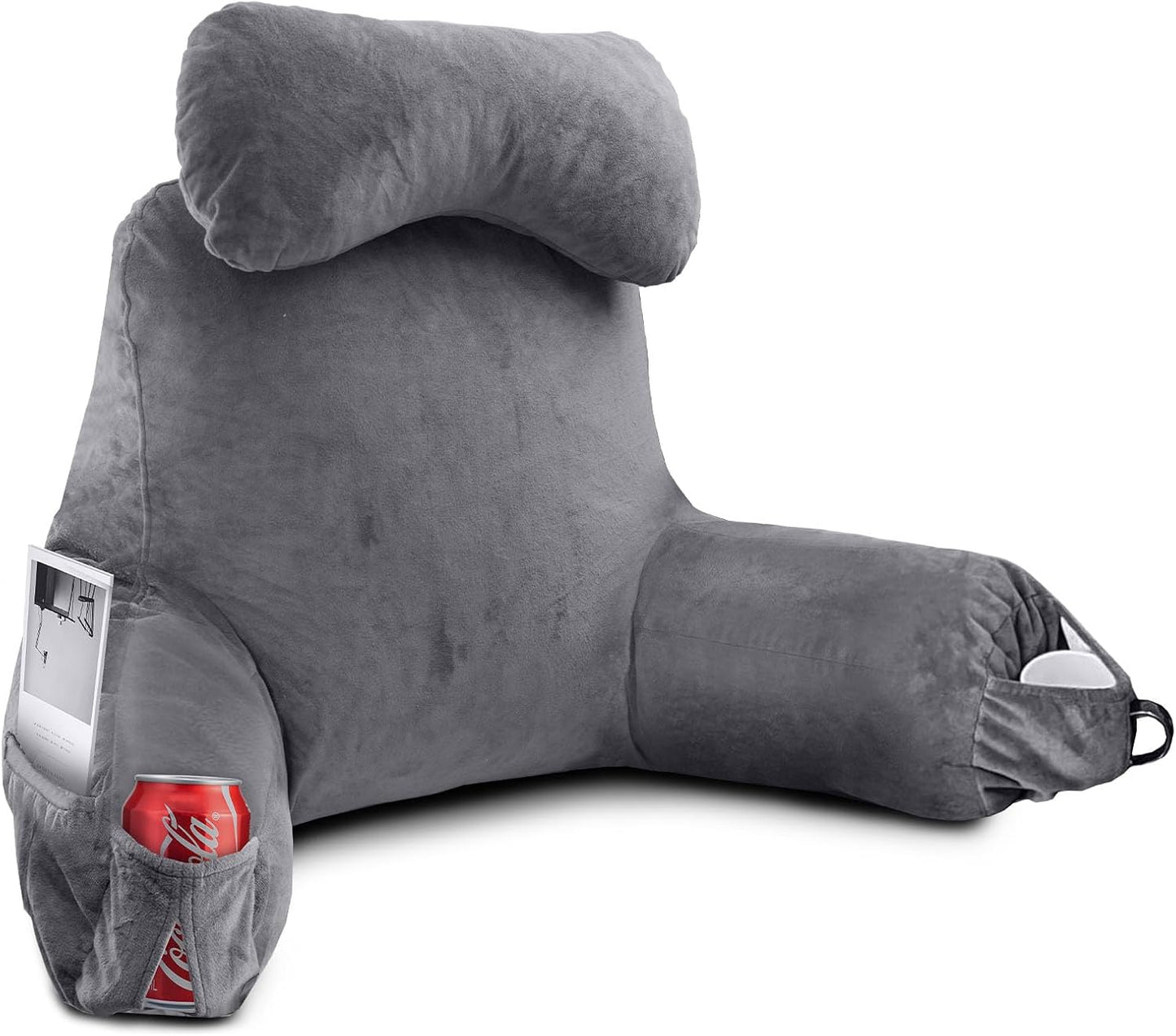 OAISZ Reading Pillow for Sitting in Bed with Shredded Memory Foam, Grey | 19-Inch Back Pillow for Sitting Up in Bed, Extended Arms, Side Pockets, Supportive Adjustable Pillow Removable Washable Cover