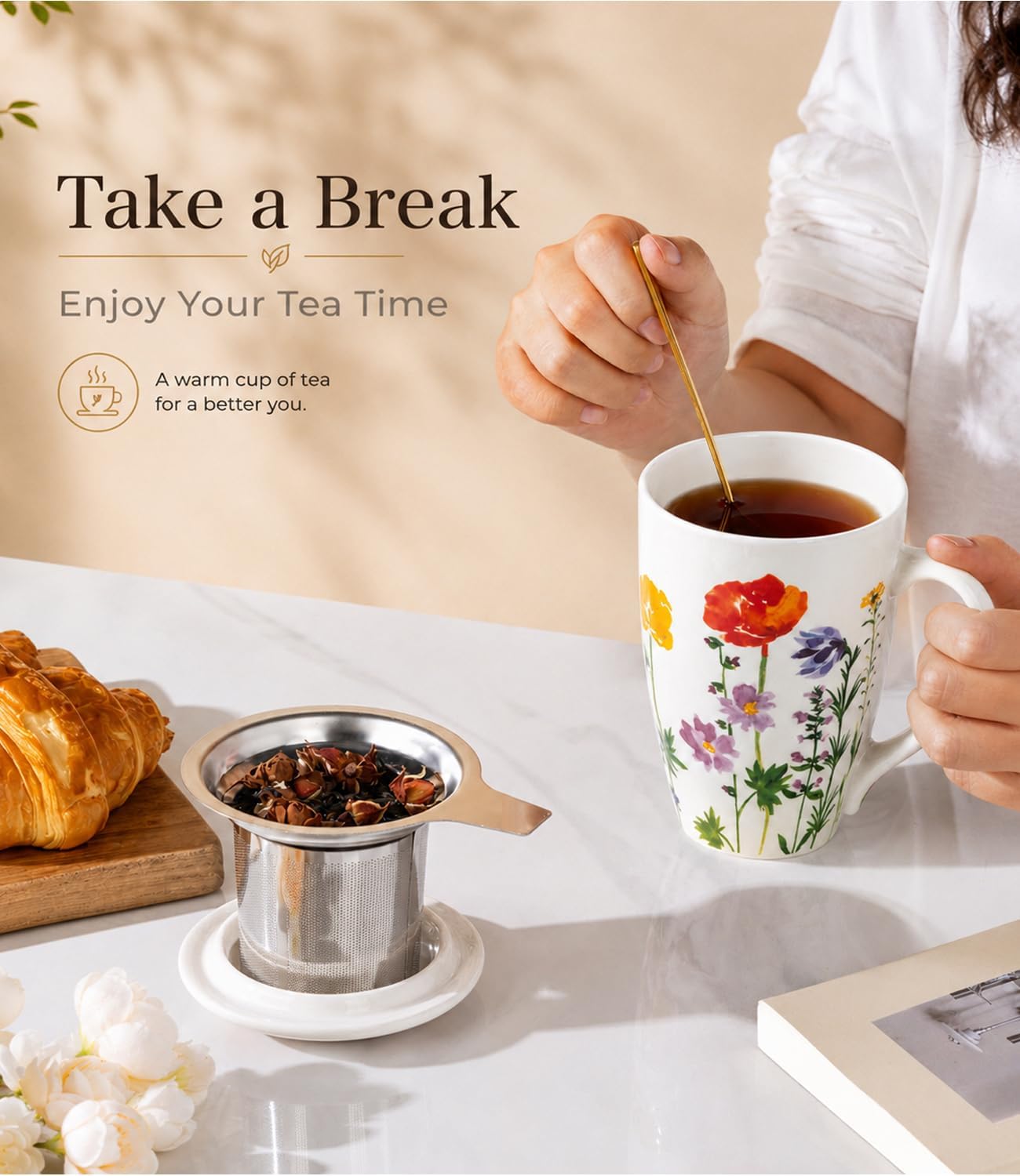 AmorArc Tea Cup With Infuser and Lid, 18oz Loose Leaf Tea Mug With Steeper | Porcelain Tea Mug With Infuser and Lid, Strainer Tea Cup for Tea Lovers, Home & Office, Housewarming Birthday Gift