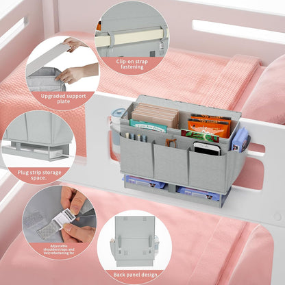 Bedside Caddy Bedside Organizer,Bed Caddy with 11 Pockets and Power Strip Holder,Versatile Bedside Storage Caddy for Home,Dorm,Bunk,Hospital,Crib Bed (Pink)