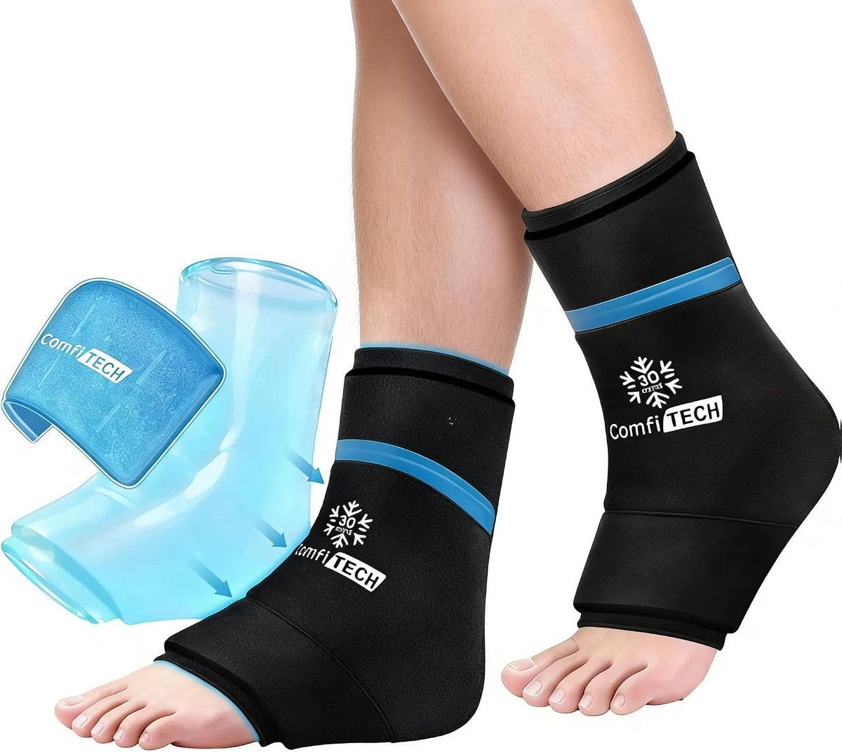 ComfiTECH Dual-Gel Ankle Foot Ice Pack Wrap with 30-Min Cooling, Small