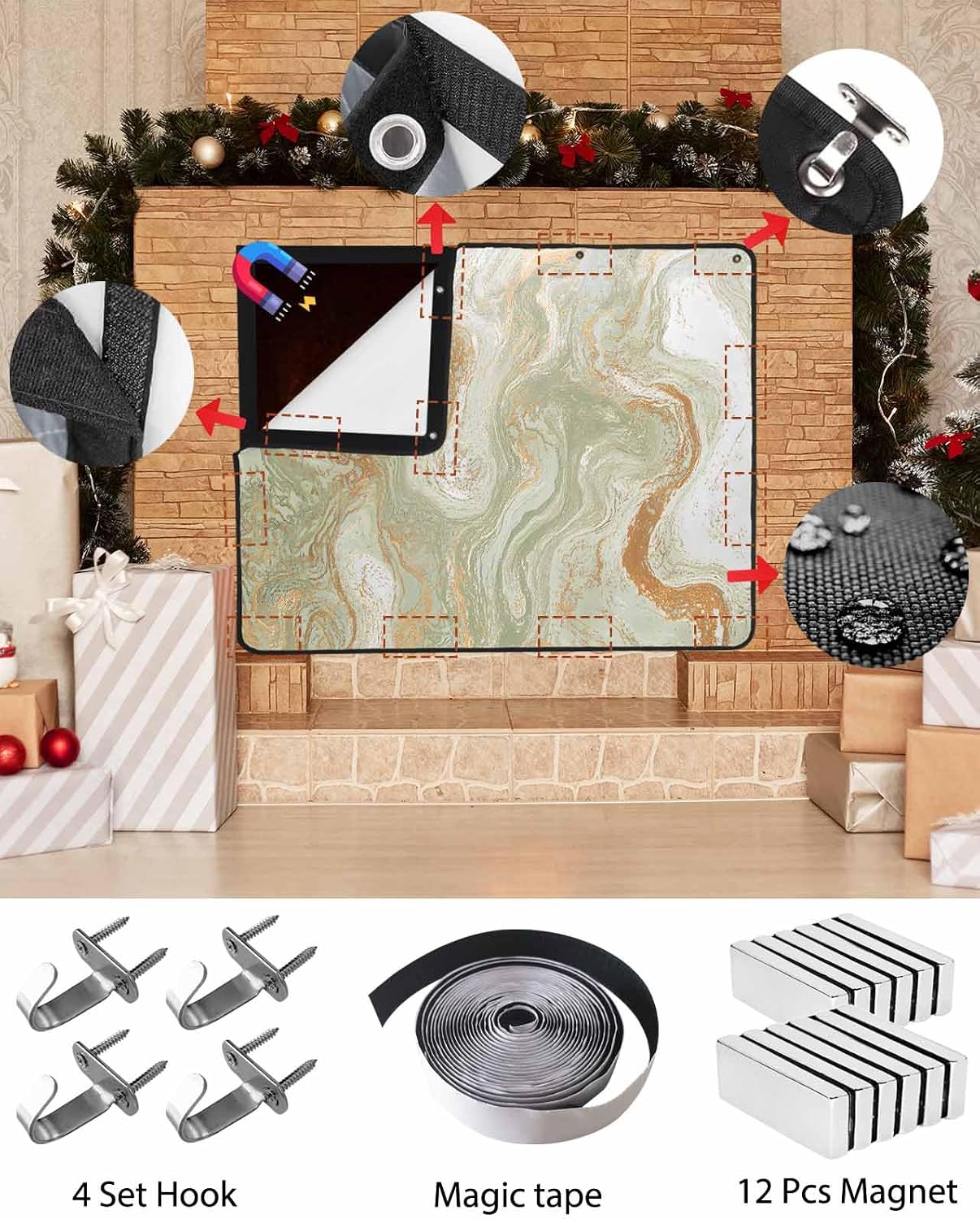 Magnetic Fireplace Cover Sage Green Marble Fireplace Screen Decorative Abstract Fluid Art Insulation Fireplaces Blocker Blanket Save Energy Fireplaces Draft Stopper Covers for Living Room 36x30 Inch