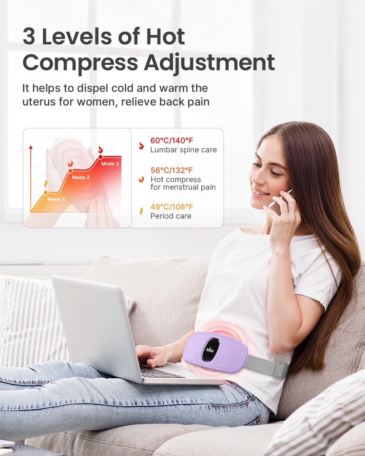 iDOO Portable Heating Pad for Period Cramps, FSA Eligible Item, Gifts for Women Girlfriend Mom Wife, Back Belly Heat Pad for Menstrual Pain Relief, with 3 Heat Levels 3 Massage | Back & Belly Wrap for Menstrual Cramps, 3 Heat Levels 3 Massage, FSA