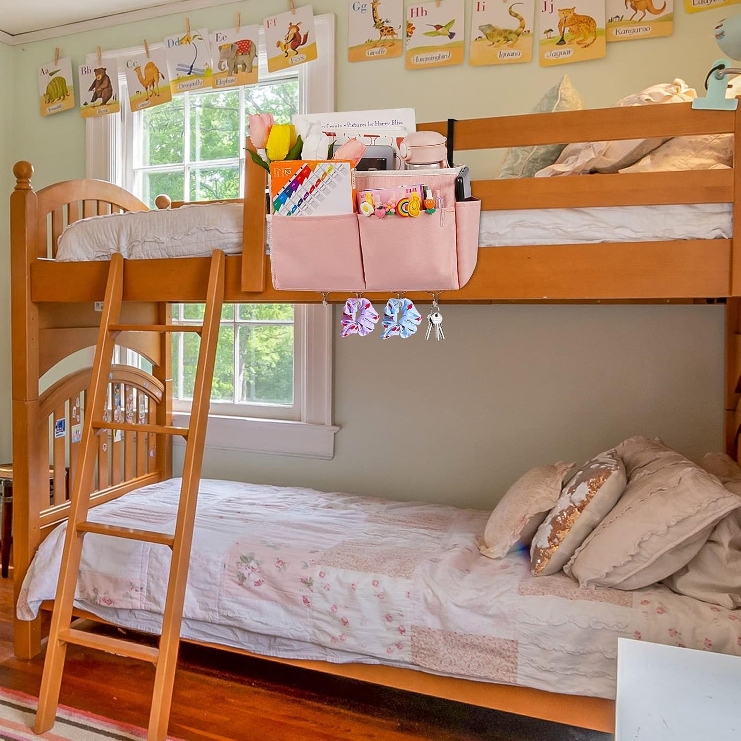 Bedside Caddy Organizer 5 Pockets and 4 Hooks for Bunk Bed Pink | Hanging Storage Bag for Headboards