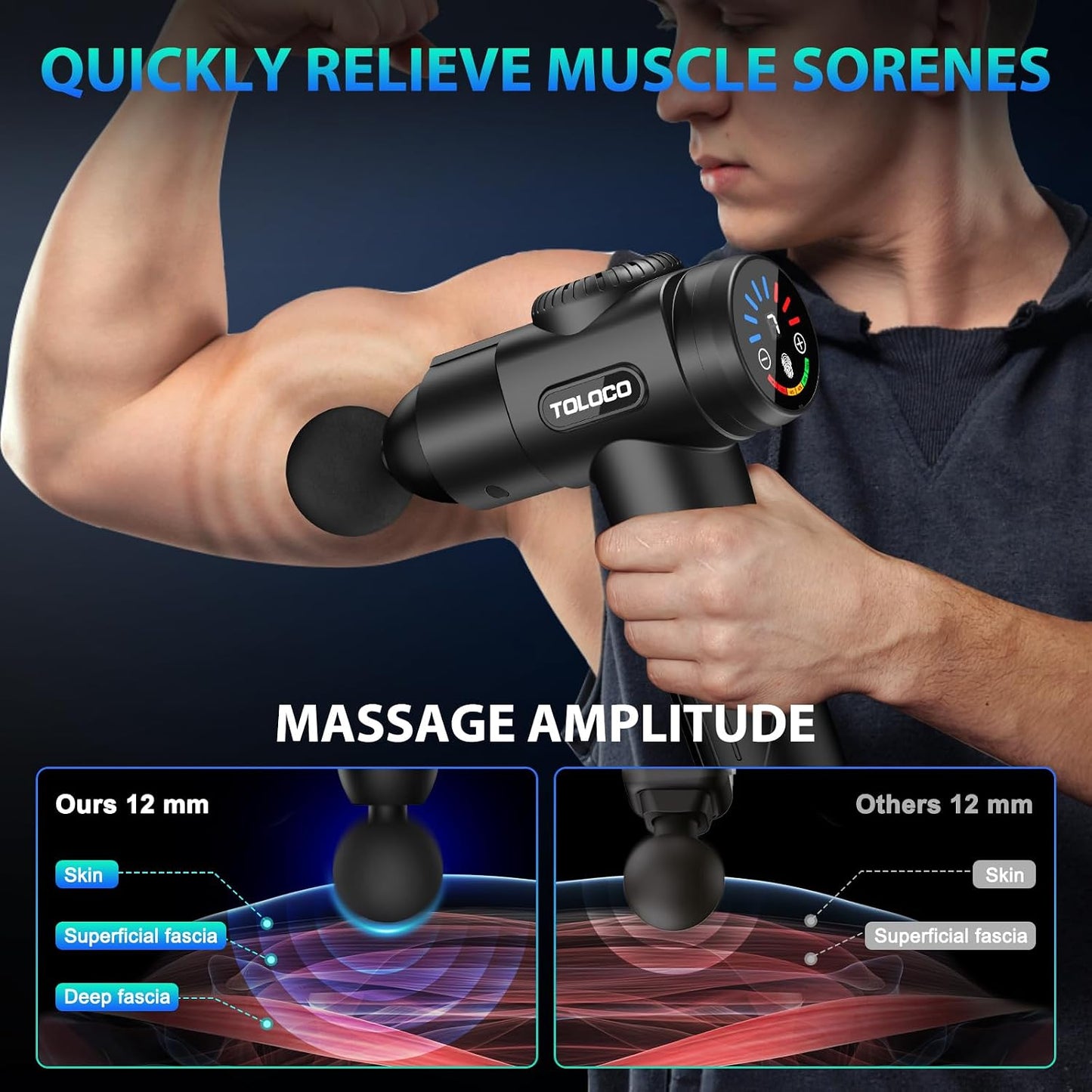 TOLOCO Massage Gun, Deep Tissue Back Massage for Athletes for Pain Relief, Percussion Massager with 10 Massages Heads & Silent Brushless Motor, Relaxation Gifts for Men Women, Black