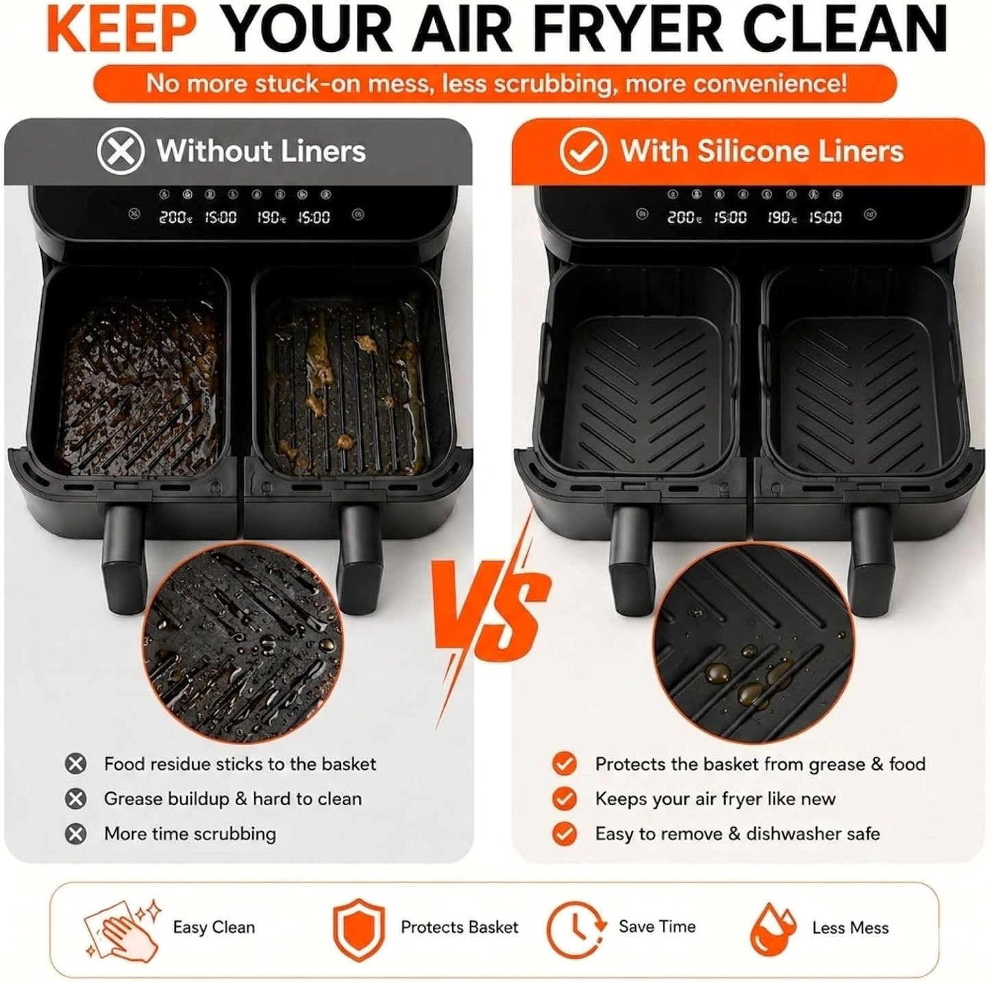 Silicone Air Fryer Liners, 2 Silicone Air Fryer Liners & Accessories | Compatible with NinjaDZ201, DZ401, DZ550 & Most 8QT-10QT Dual Basket Air Fryers, Air Fryer Liners Reusable, BPA-Free Nonstick