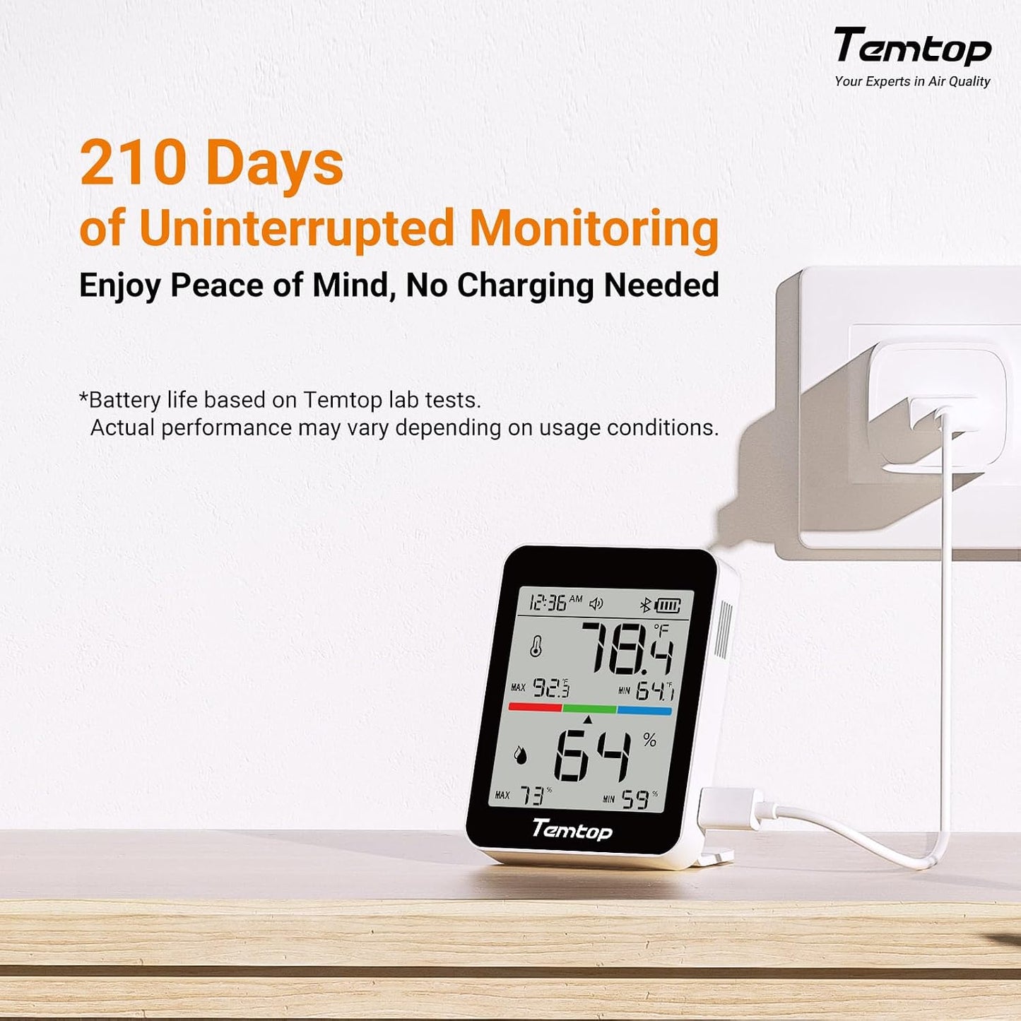 Temtop T1 Bluetooth Indoor Thermometer Hygrometer for Room Temperature | Humidity Notification Alerts, Data Export, Digital Gauge for Home, Office, Greenhouse, Garage, Nursery, Gift