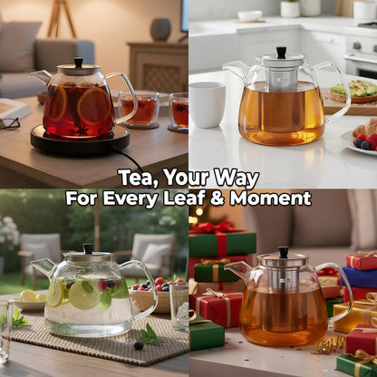 Aquach 42oz Glass Teapot with Infuser, Stovetop Safe Tea Kettle | Dishwasher Safe, Borosilicate Glass, Daily Sharing Capacity, Precise Loose Leaf Filter