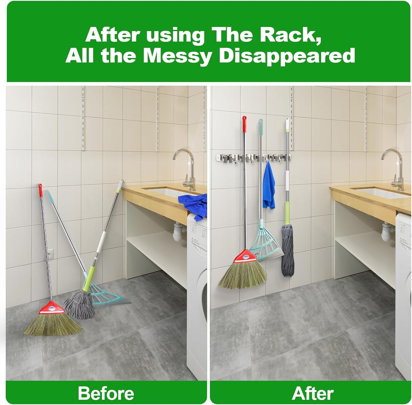 voze 5 Racks and 4 Hooks Mop and Broom Holder Wall Mount, Self Adhesive Heavy Duty Broom Hanger Organizer Storage Tool Racks for Kitchen Garden Laundry Garage