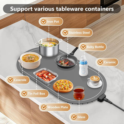 seenlast Warming Mat for Food with Adjustable Temperature Timer,10S Fast Heating Silicone Food Warmers for Parties Buffet and Home Daily,Food Warming Mat with Insulating Pad Raised Feet Protects Table