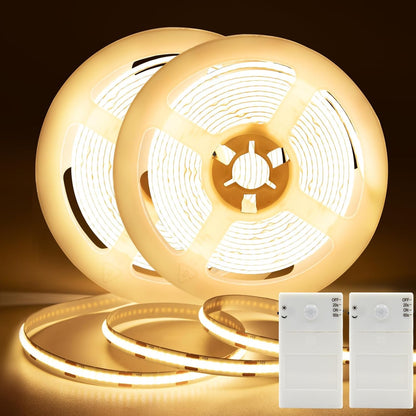 2 Pack Battery COB Motion Sensor Strip Lights with Day & Night Modes | 6.6Ft 640 LED Under Cabinet Flexible Tape Lights for Bedroom Kitchen Stair Shelf, 6000K Cool White
