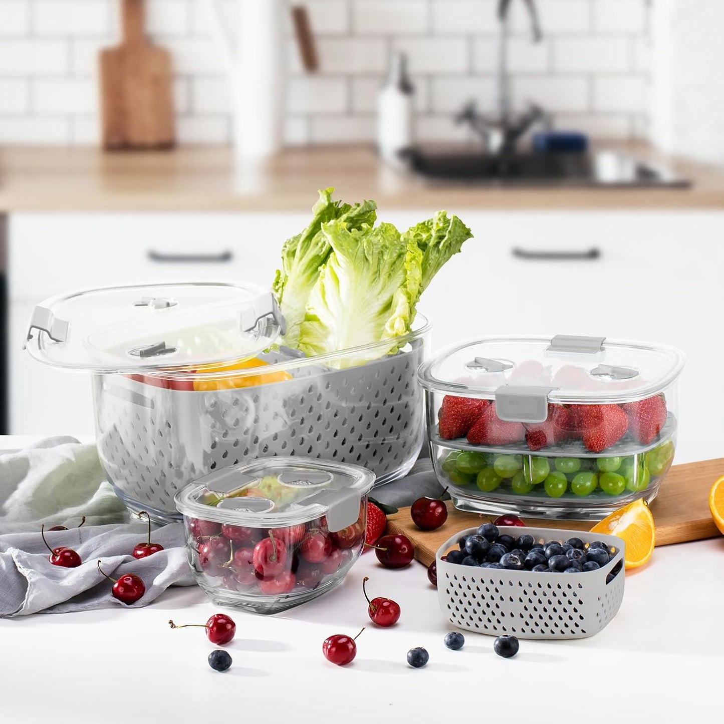 LUXEAR Fresh Produce Vegetable Fruit Storage Containers 3Piece Set, BPA-free, Partitioned Salad Container, Fridge Organizers, Used in Storing Fruits Vegetables, White