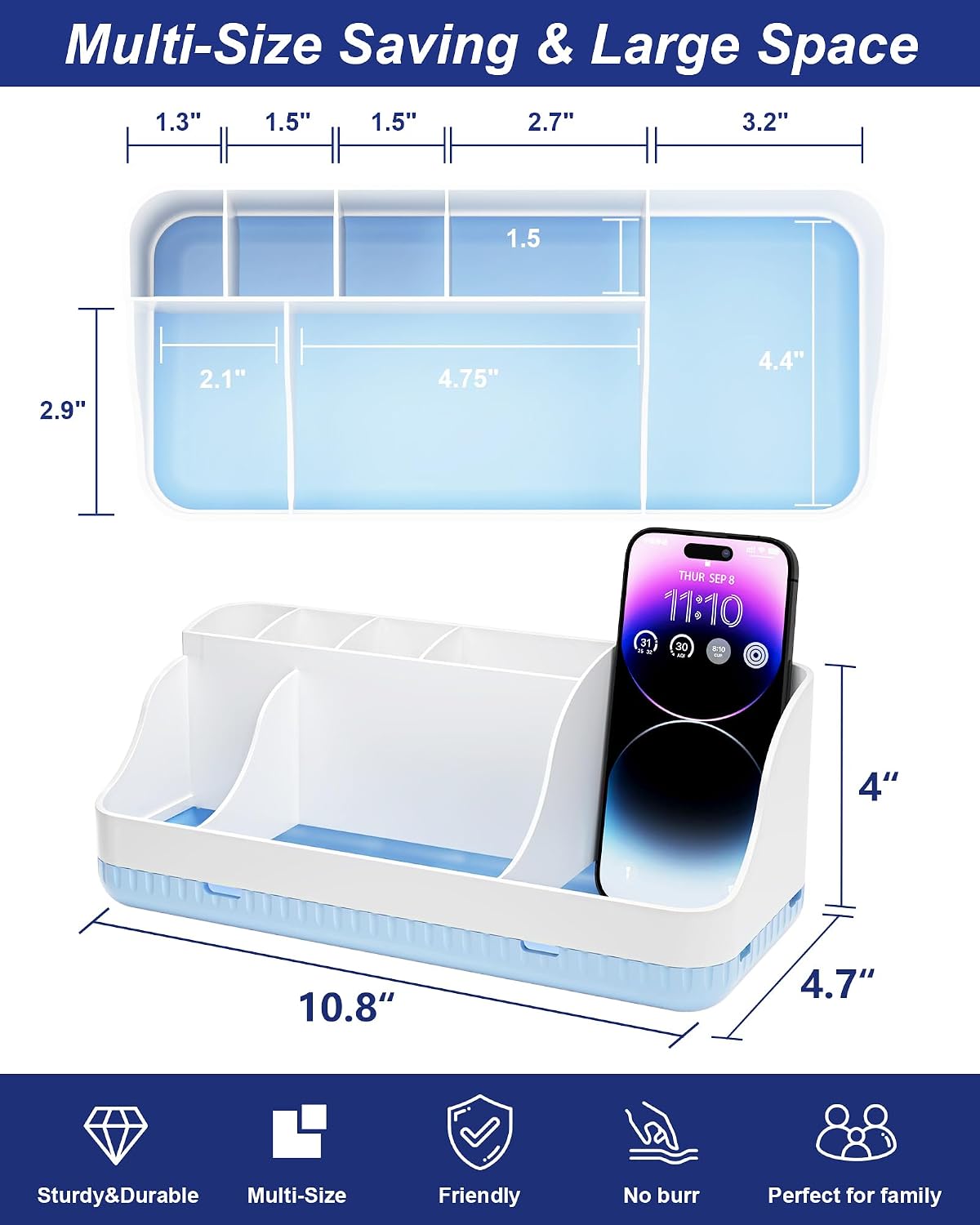 Bathroom Counter Organizer and Storage, 7 Slots Detachable Toothbrush Holders for Bathrooms, Anti-Slip Electric Toothbrush and Toothpaste Holder Countertop Vanity Organizer Accessories for Adults Kids