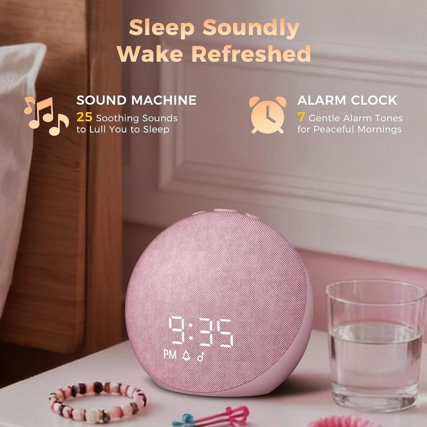 Sound Machine Alarm Clock for Bedroom: 25 Natural Sleep Sounds | White Noise Machine for Adults Kids Baby - Gentle Wake Up Alarm with Bluetooth Speaker - Putty