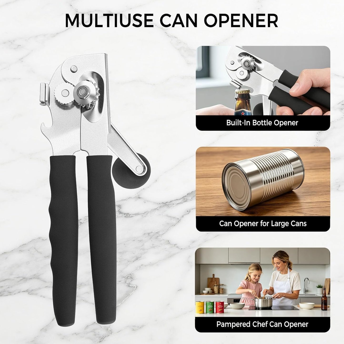 NileHome Commercial Hand Crank Can Opener with Extra-Long Handles, Black | Heavy Duty Durable, Built-In Magnet, Smooth Cranking, Manual Can Opener, Ideal for Large Cans, Senior-Friendly