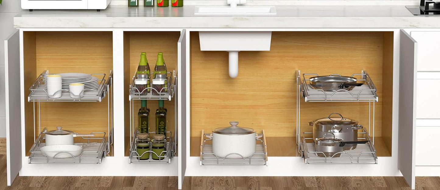 OCG Pull Out Cabinet Organizer (15" W x 21" D), Pull out Drawers, Cabinet Pull Out Shelves for Base Cabinet Organization in Kitchen Bathroom Pantry, Bottom Mount, Chrome Finish