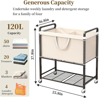 Laundry Hamper Rolling Sorter: 120L Large Basket with Wheels Removable Bag | Solve laundry clutter – rolling sorter with washable bag – Ideal for home, dorm & bedroom organization