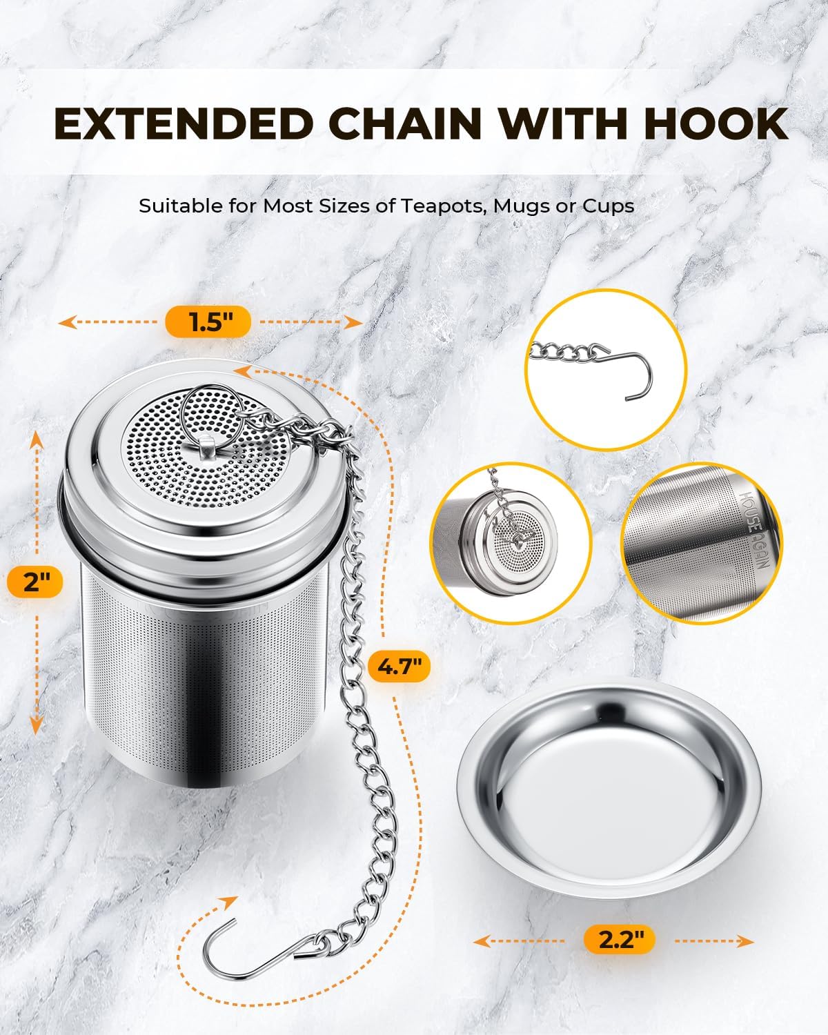 House Again Tea Infusers, Extra Fine Mesh Tea Strainers for Loose Tea, Updated Slim Threaded Lid & 304 Stainless Steel, Filter Bags Diffusers, Loose Leaf Tea Steeper for Brew Tea Spices & Seasonings