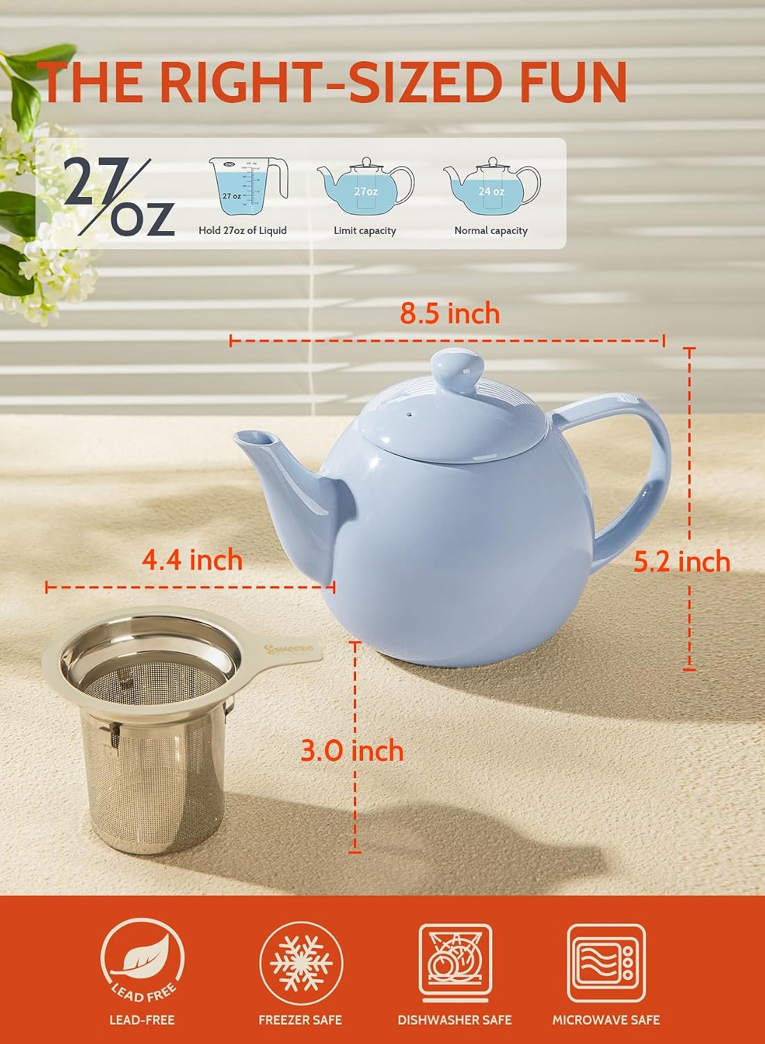 Sweese Teapots for Tea, 27 oz Porcelain Tea pot with Removable Stainless Steel Infuser, Tea Pots for Loose Tea - White