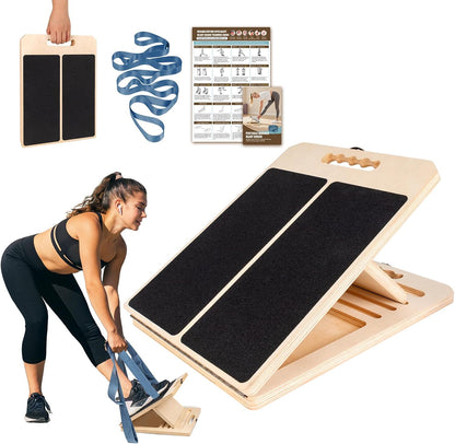 Slant Board Calf Stretch with Stretch Strap, 300 lb Portable Incline Board | Training Poster, Non-Slip Adjustable Wooden Calf Mobility Board for Calf Ankle Knees Achilles Physical Therapy Leg Exerciser