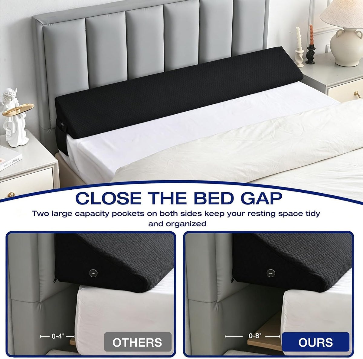 Full Size Bed Wedge Pillow for Headboard, Bed Gap Filler Black