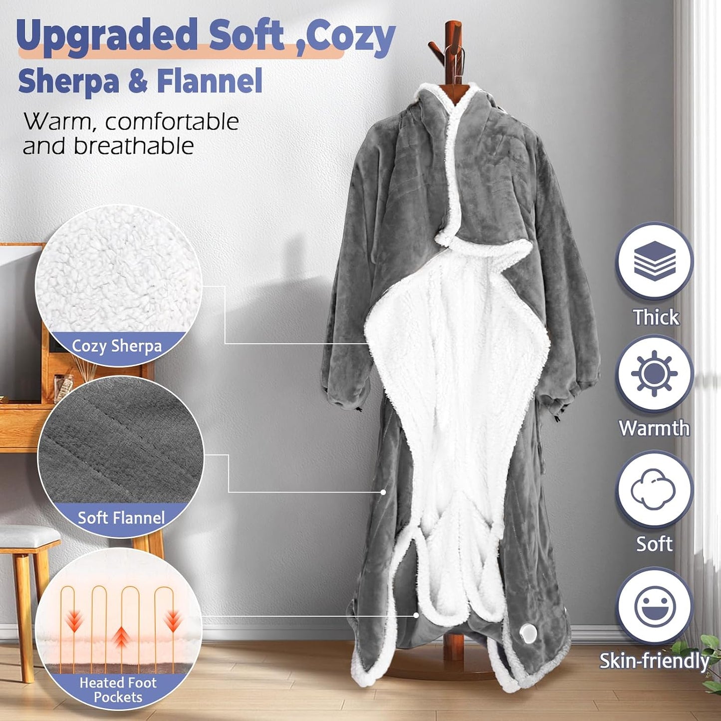 Wearable Heated Blanket with Foot Pocket, Electric Wearable Throw Blanket with Sleeves, Hood, Portable Heated Blanket with 8 Heat Settings, 1-10 Hours Auto Shut-off, Gift for Family, Friends, 50*70"