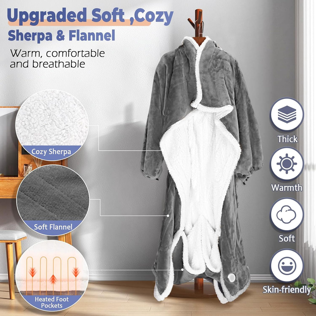 Wearable Heated Blanket with Foot Pocket, Electric Wearable Throw Blanket with Sleeves, Hood, Portable Heated Blanket with 8 Heat Settings, 1-10 Hours Auto Shut-off, Gift for Family, Friends, 50*70"