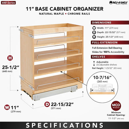 Rev-A-Shelf Pullout Kitchen Cabinet Organizer, Min Cabinet Opening 5.5" W | 5" W Slide Out Pantry Spice or Utensil Storage Rack with Adjustable Shelves for Base Cabinet Organization, 448-BC-5C