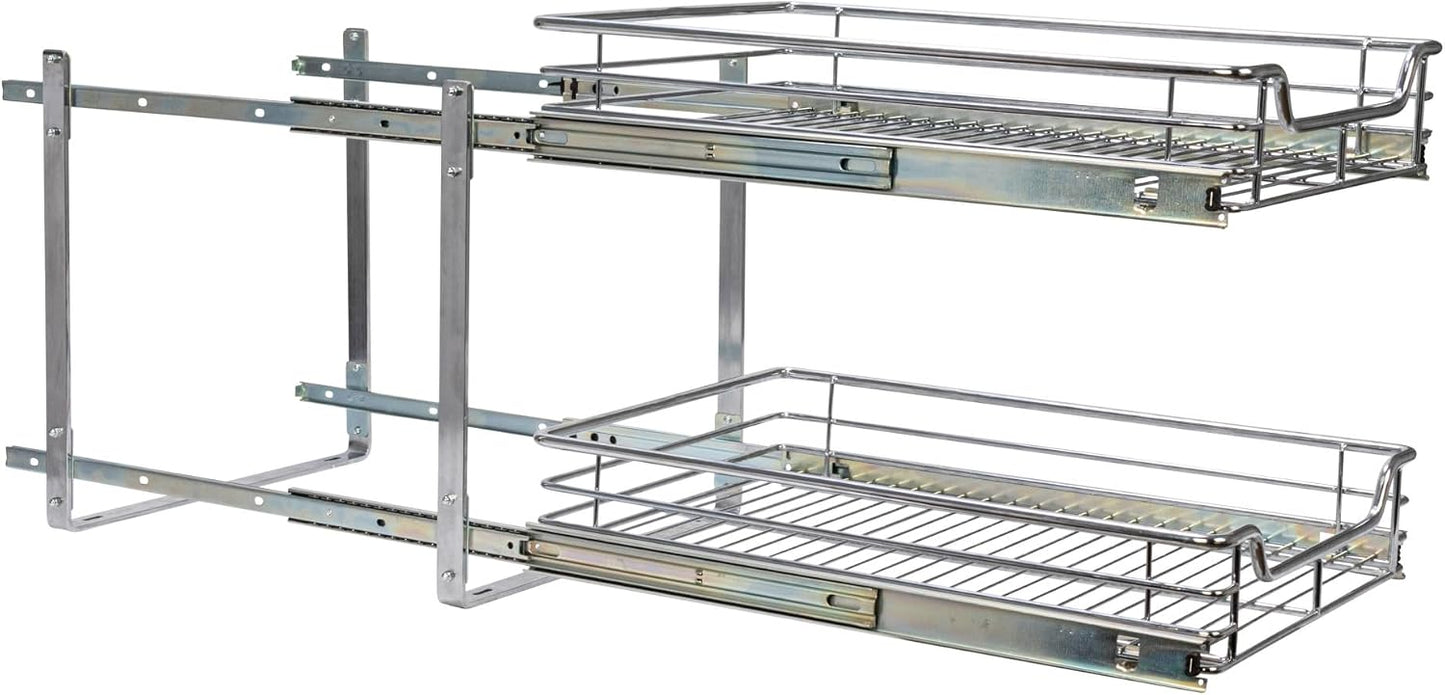 Household Essentials Glidez Multipurpose Chrome-Plated Steel Pull-Out/Slide-Out Storage Organizer for Cookware and Bakeware - 2-Tier Design - Fits Standard Size Cabinet or Shelf, Chrome