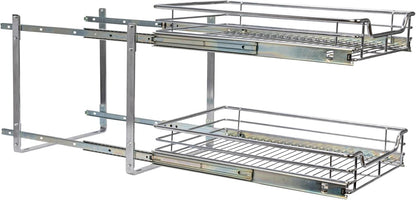 Household Essentials Glidez Multipurpose Chrome-Plated Steel Pull-Out/Slide-Out Storage Organizer for Cookware and Bakeware - 2-Tier Design - Fits Standard Size Cabinet or Shelf, Chrome