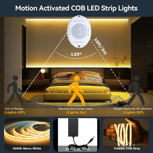 Under Bed Lights Motion Sensor COB LED Strip, 6.56Ft 3000K Warm Motion Activated LED Light Strip for Bedside, 24V Dimmable Motion Sensor Night Light COB Strip for Under Cabinet Stair Closet