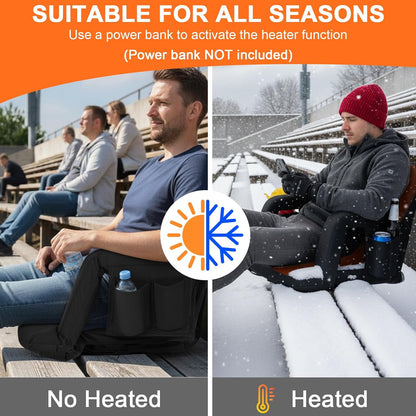 2PK 21in Extra Wide Dual-Zone Heated Stadium Chairs for Bleachers with Back Support,3-Level Heating Foldable Bleacher Chair, 6 Reclining Positions, 5 Pockets, Buckle & Hooks Fasten for Outdoor