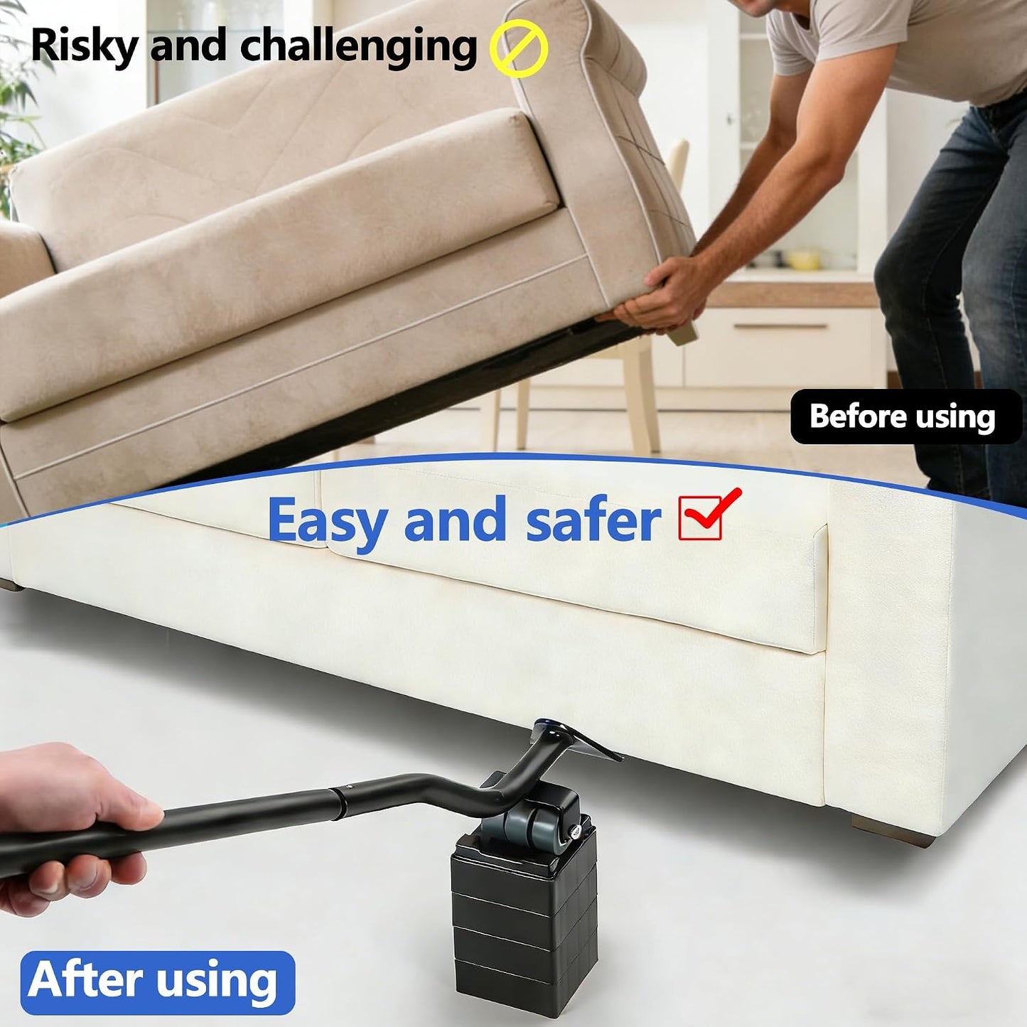 Furniture Metal Lifters for Sofa Refrigerator Washing Machine, 6PCA | Furniture Lifter Tool, Lifts Up to 400 Lbs, Wheels Easily Safe to Move Sofa, 4 Raise Blocks, 2 Protective Pads