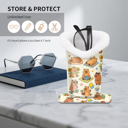 Plush Lined Eyeglasses Holder, Cute Magnetic PU Leather Glasses Stand Case for Women Men Kids