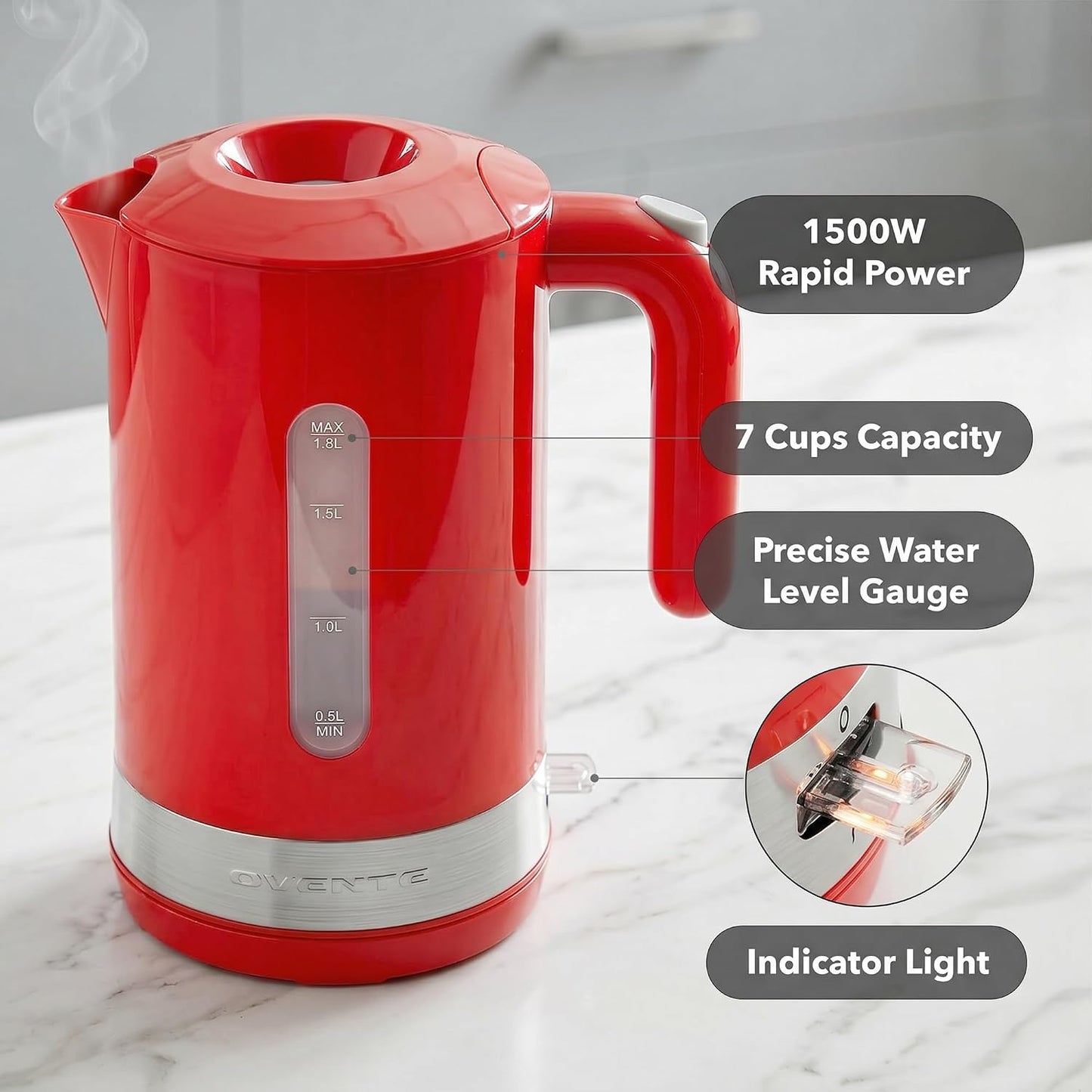 OVENTE 1.8L Electric Kettle with 1500W Fast Boiling Heater, Black KP413B | Best For Coffee or Tea, BPA-Free, Easy-Fill Lid, Water Level Window, Auto Shut-Off & Boil-Dry Protection, Removable Filter