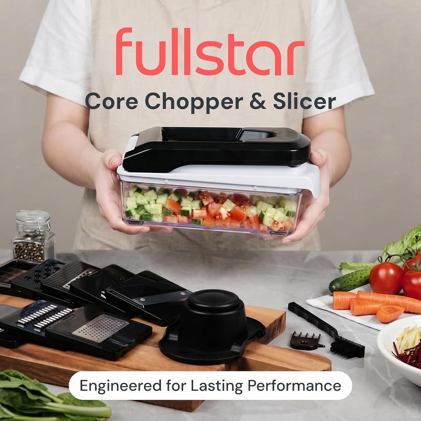 Fullstar Pro Core Vegetable Chopper & Mandoline Slicer, Meal Prep Essential | 6 in 1 Veggie Slicer, Onion & Fruit Slicer with Julienne, Grater & Dicer Stainless Steel Blades + Container (White)