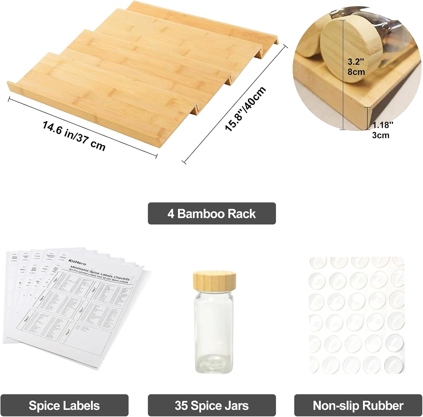 Spice Drawer Organzier,4 Tiers Bamboo Spice Rack Tray Insert for Cabinet Drawer Countertop, Kitchen Seasoning Storage Drawer Organization,14.57" Wide x 15.8" Deep （Hold UP To 32 Jars