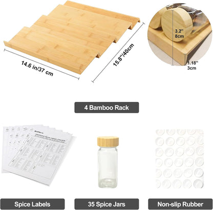 Spice Drawer Organzier,4 Tiers Bamboo Spice Rack Tray Insert for Cabinet Drawer Countertop, Kitchen Seasoning Storage Drawer Organization,14.57" Wide x 15.8" Deep （Hold UP To 32 Jars
