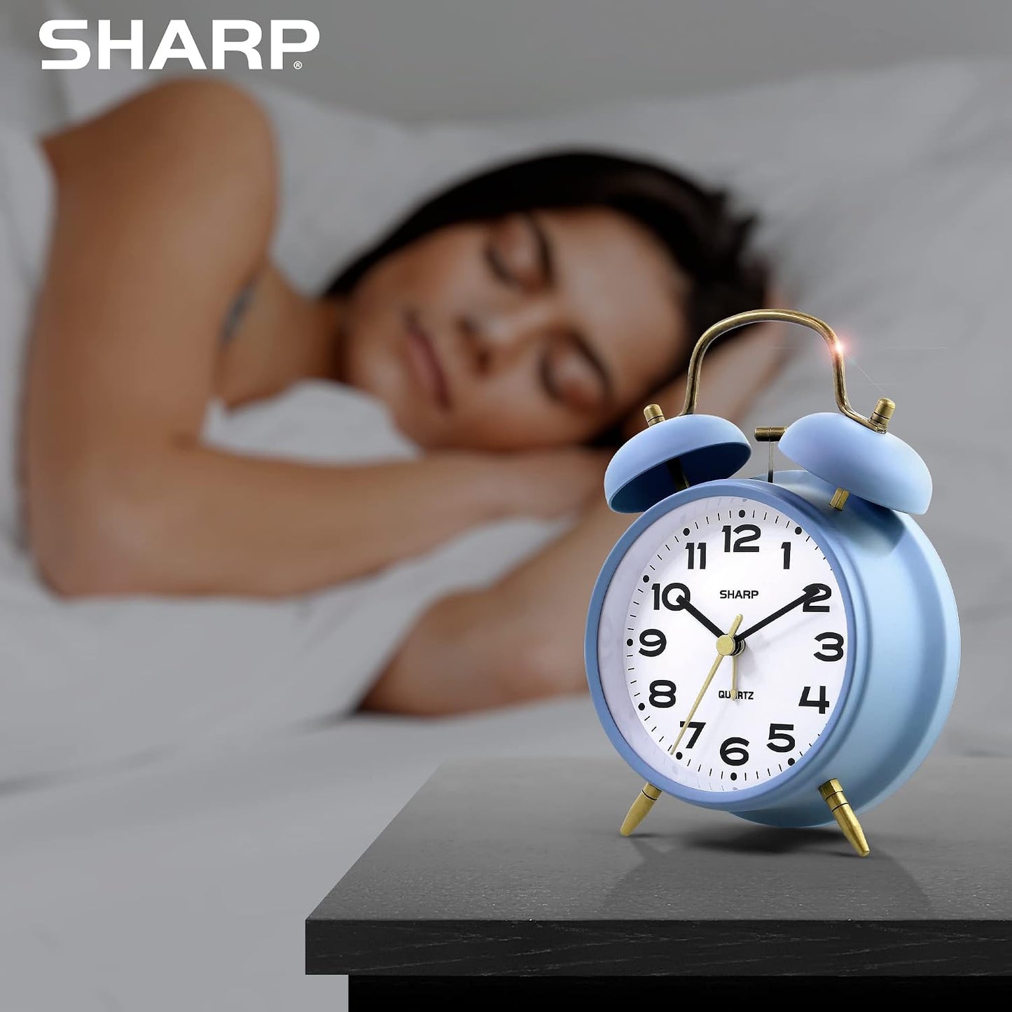 Sharp 4-Inch Twin Bell Alarm Clock for Heavy Sleepers (Matte Navy) | Extra-loud metal bell alarm, quiet quartz movement, press-button backlight, rustic bronze accents, battery operated