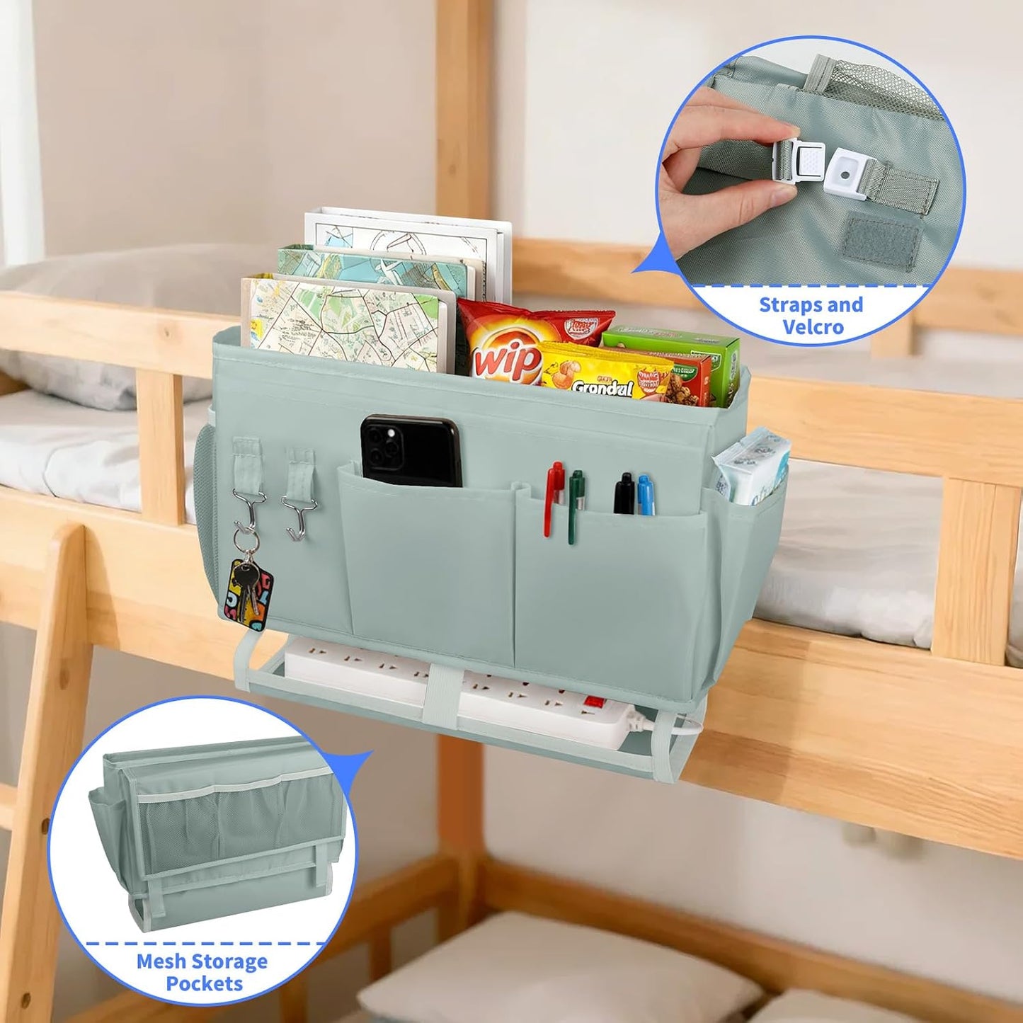2Pcs Bedside Caddy for Dorm Bed Bedside Organizer, Bedside Storage with 10 Pockets and Power Strip Holder, Multifunctional Bedside Pocket for Home, College, Dorm, Bunk/Hospital/Crib Bed (Beige)