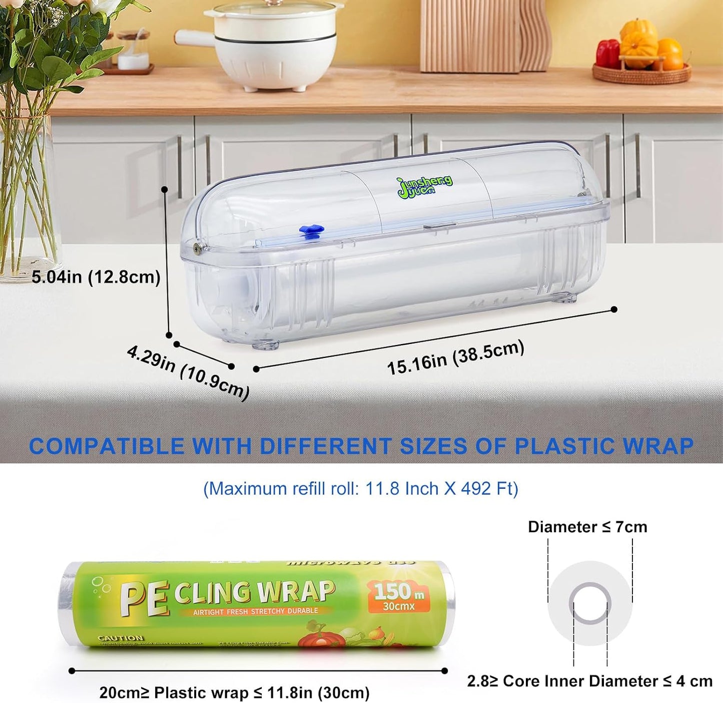 Refillable Cling Wrap Dispenser with Slide Cutting Cutter | Reusable design supports nail-free wall mounting & countertop placement, neatly stores plastic wrap for food preservation